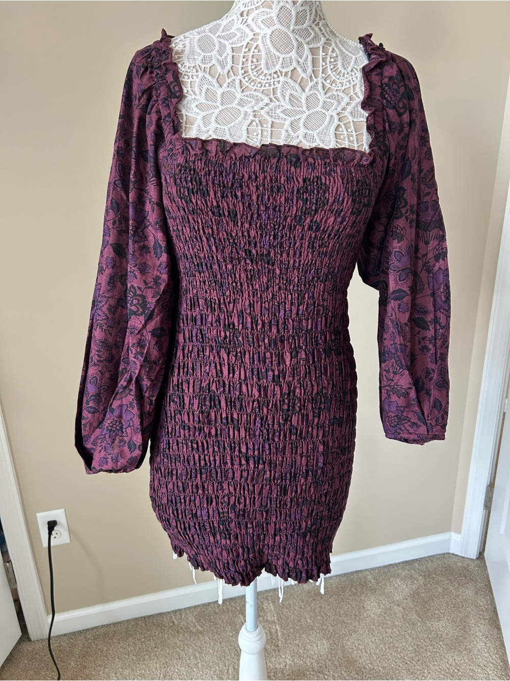 Smocked Square-Neck Mini Dress in Burgundy Floral